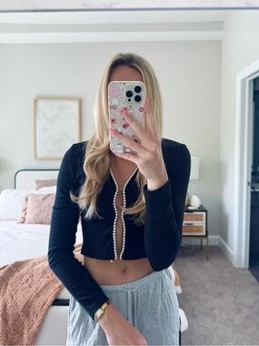 Verge Girl Black Ribbed Pearl Trim Long Sleeve Cardigan Top